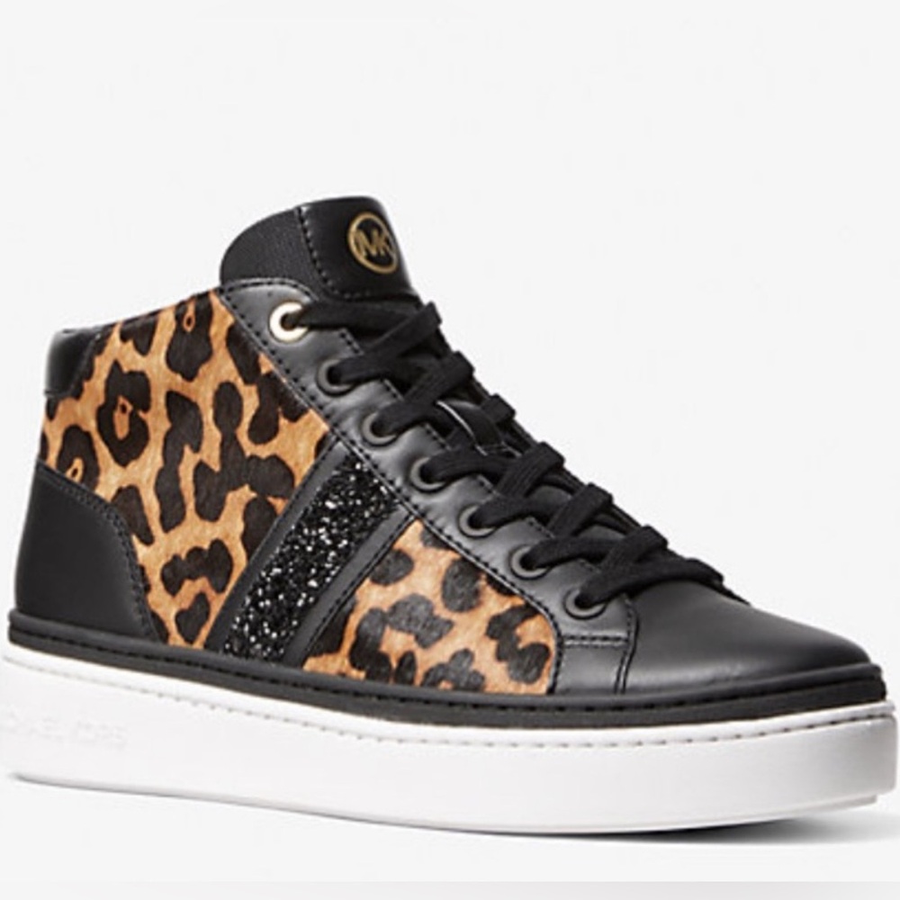 MICHAEL Michael Kors Pony Hair Leopard Print Black High Top Sneakers- 6.5M